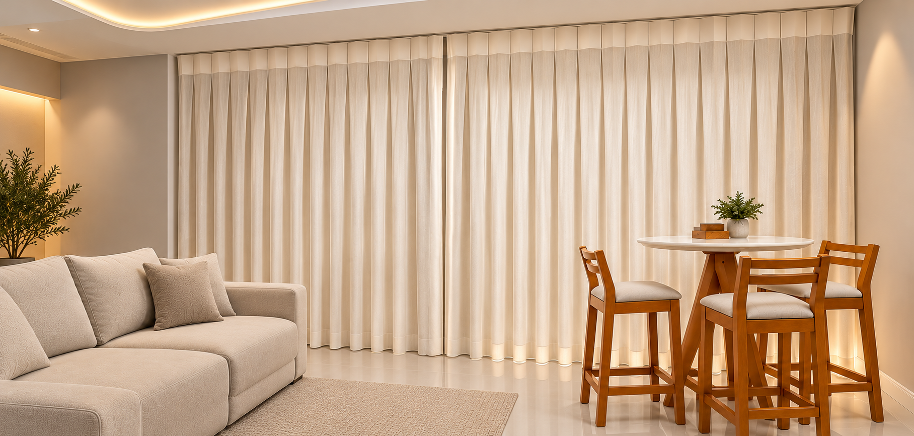 Cortina Efeito Slim Box em uma sala clara com sofá bege à esquerda e mesa redonda com cadeiras de madeira à direita
